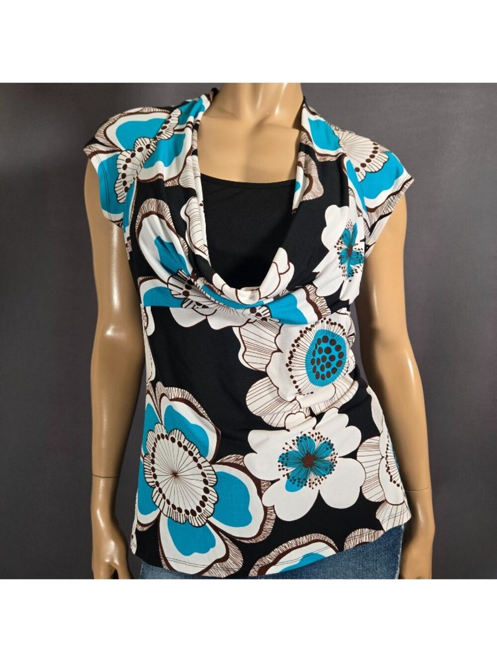 Y2K Blue Black Floral Print Top size L Boho Fairy Open Back Cowl Neck Cap Sleeve